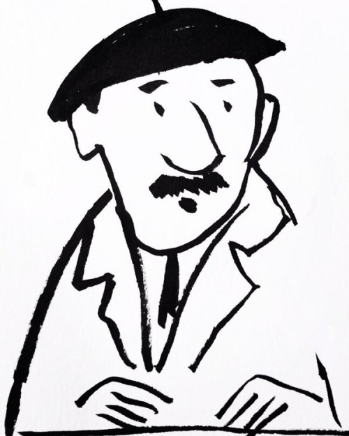 Pen brush drawing of a French man in a beret.