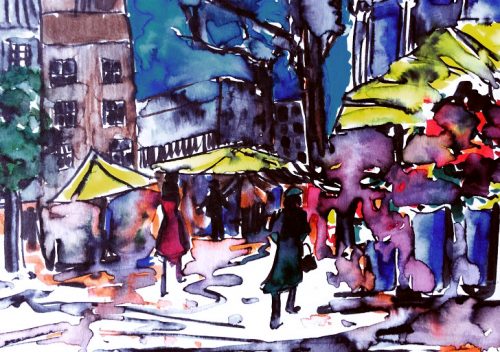 Watercolour of flower vendors in the street