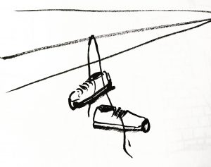 Drawing of shoes hanging from electrical wires by Alison Garwood-Jones