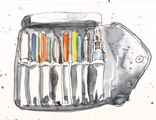 Makeup brush kit doubling as an art supply pouch. Watercolour by Alison Garwood-Jones