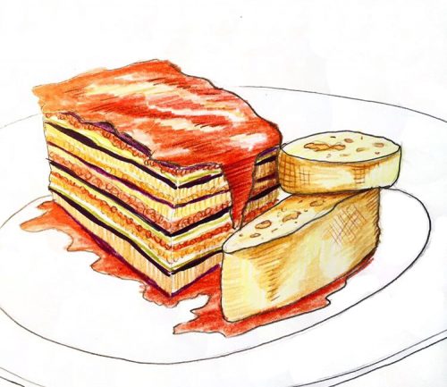 Eggplant lasagna sketch by Alison Garwood-Jones