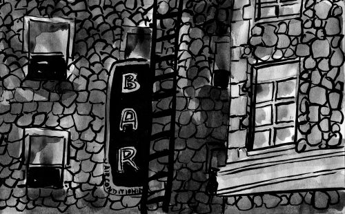 Bar scene, watercolour by Alison Garwood-Jones