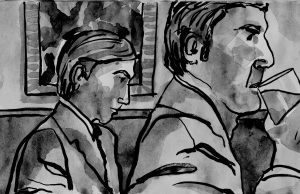 Watercolour sketch of guys in bar by Alison Garwood-Jones