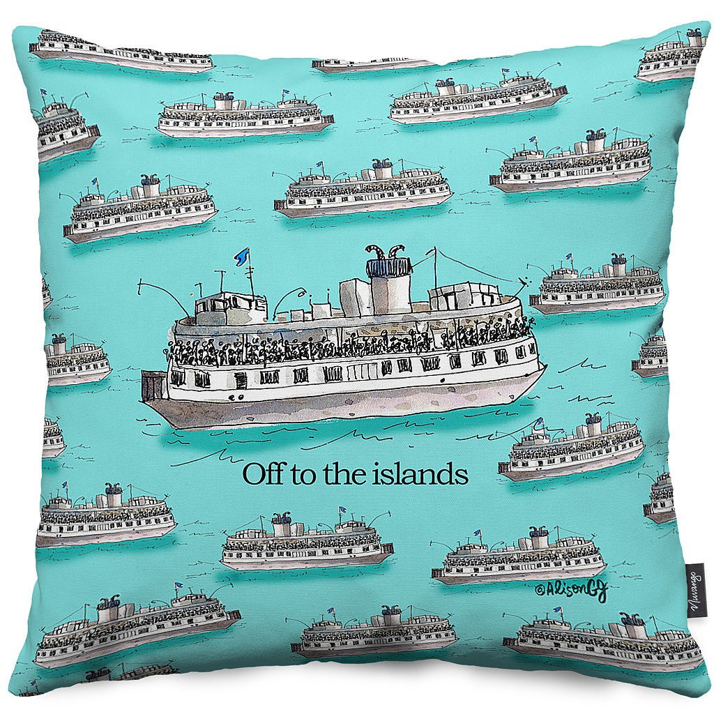 "Off to the Islands" throw pillow in aqua by PenJarProductions.com