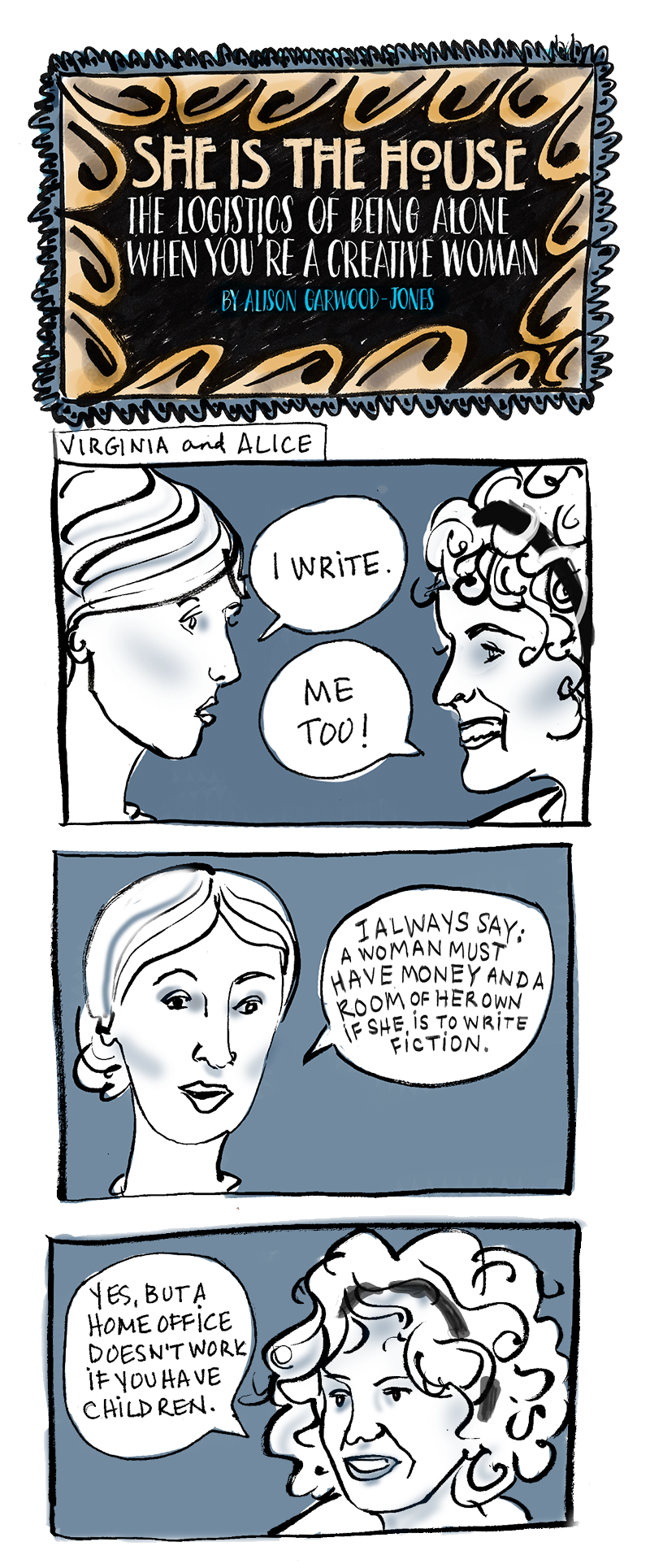 Virginia Woolf and Alice Munro in conversation - comic by Alison Garwood-Jones