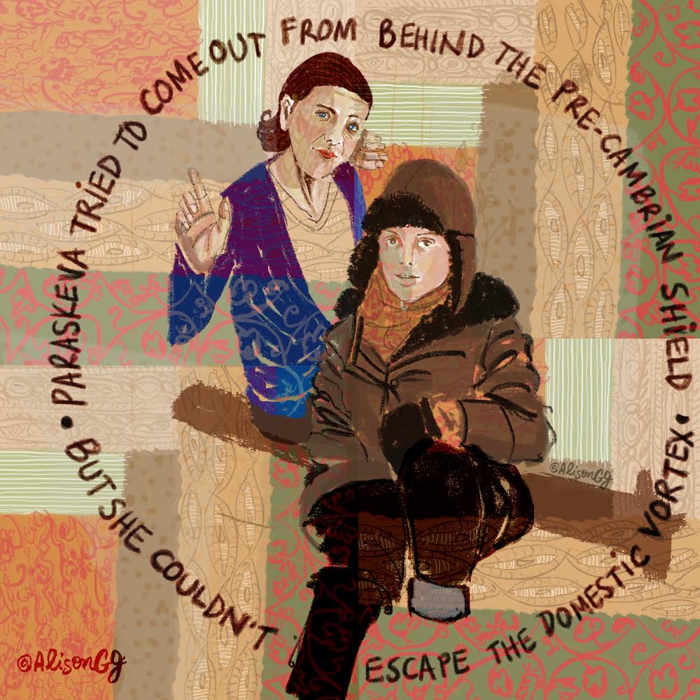 Illustration of Paraskeva Clark and son by Alison Garwood-Jones
