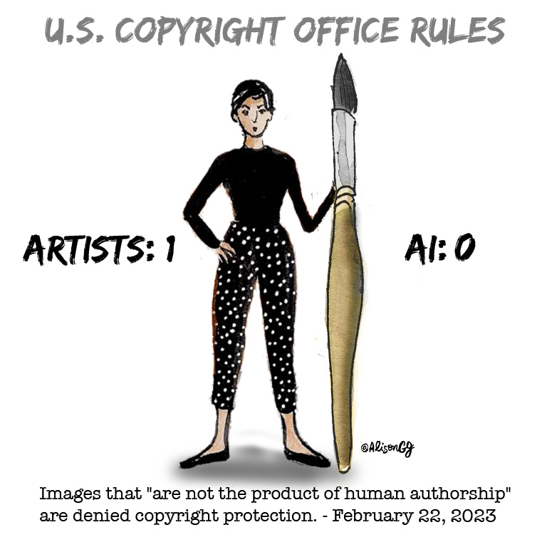 Artists win copyright protection again AI bots. Cartoon by Alison Garwood-Jones